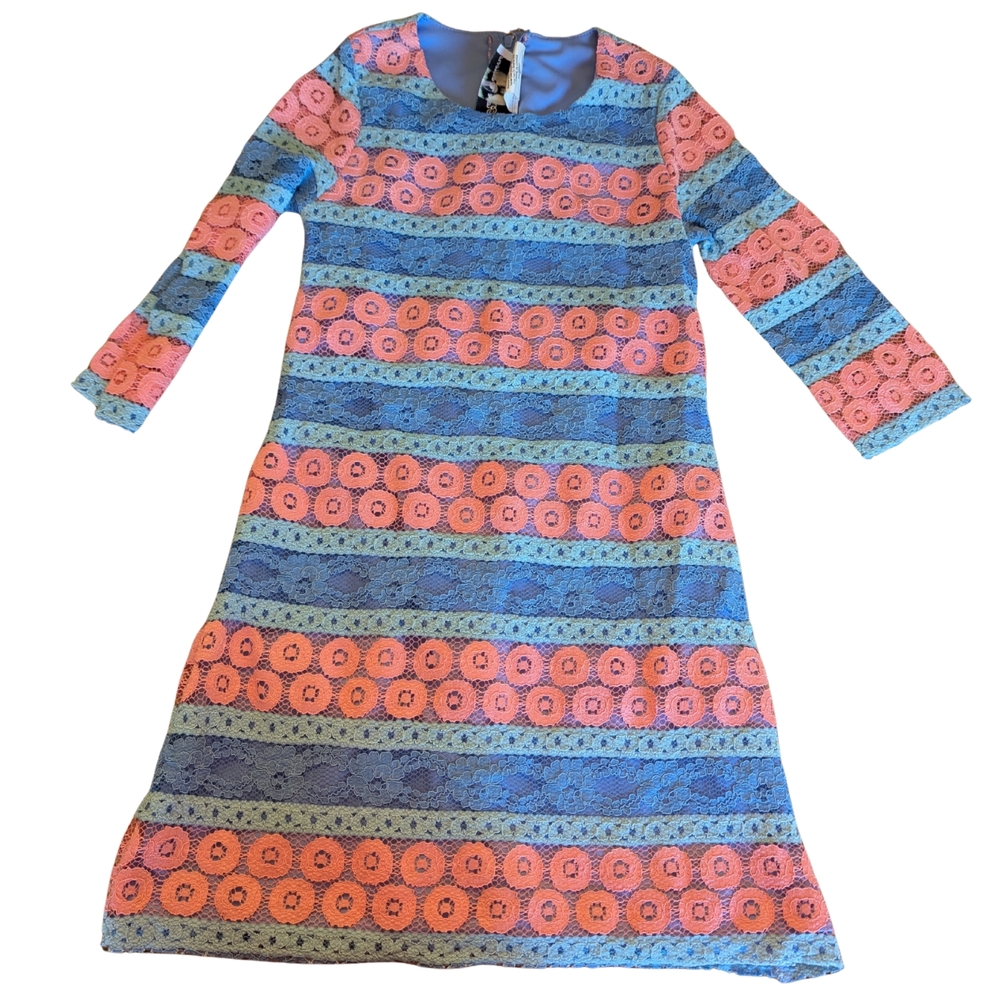 EUC Rare Edition Girls Medium 8 Lace Lined Zip Dress Colorblock Blue Pink Floral